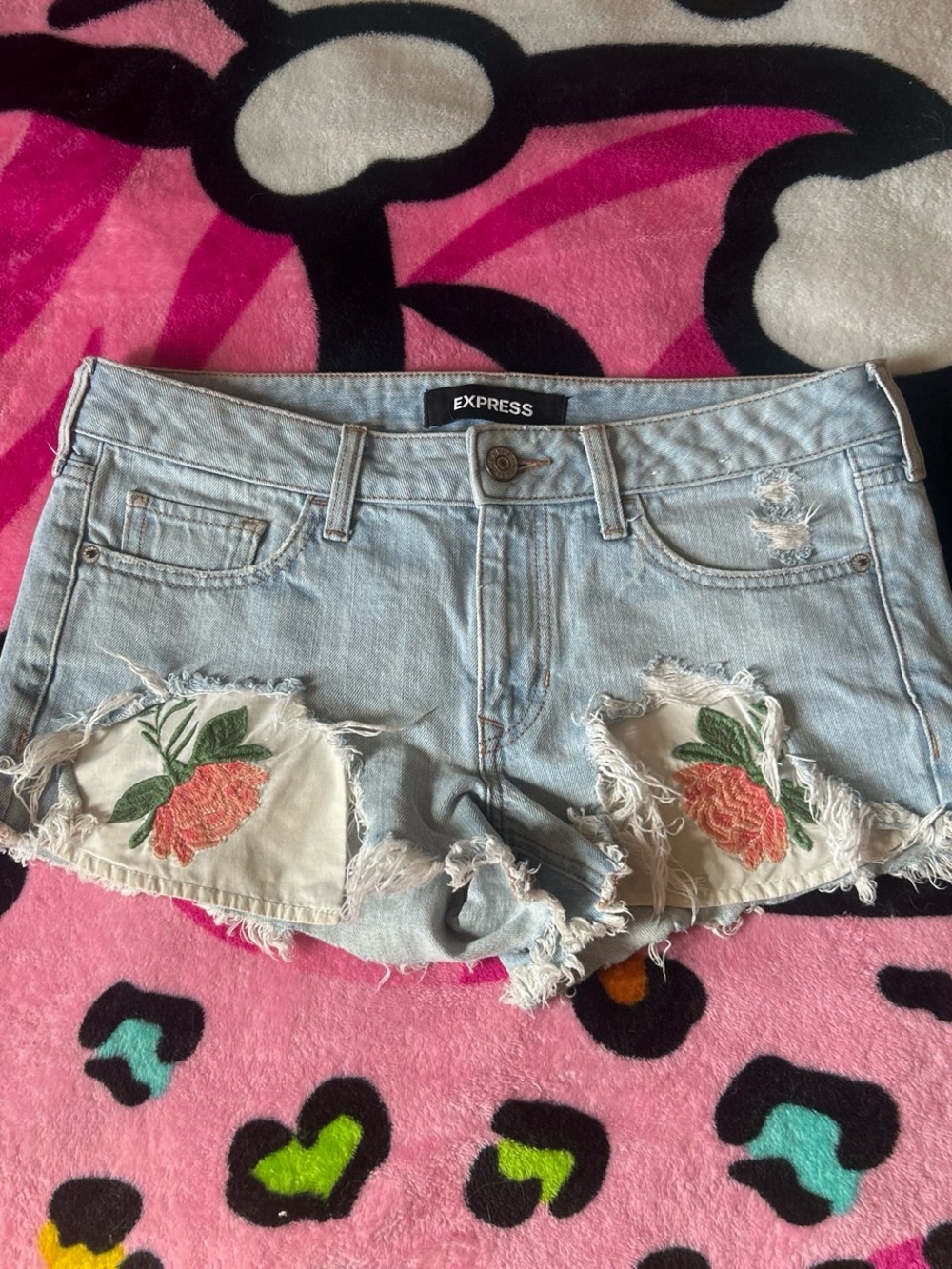 Express Light Blue Denim Shorts with Peach Floral Embroidery